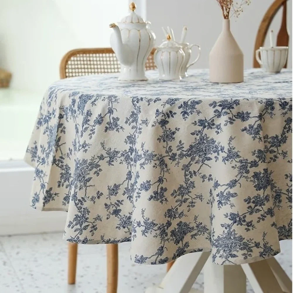 Blue Floral Toile Round Tablecloth Linen Blend French Country Farmhouse Decor